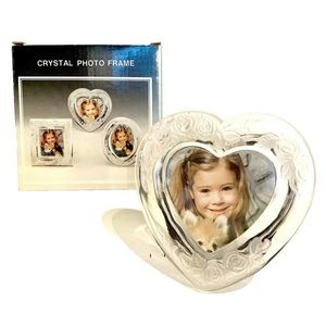 Vintage 24% Lead Crystal Photo Frame Heart Etched Flowers Clear Wedding Picture